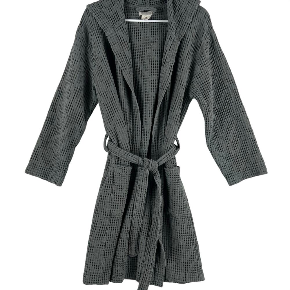 Sand Cloud Opal Waffle Women’s Hooded Robe S/M Gray Organic Cotton Belted Lounge